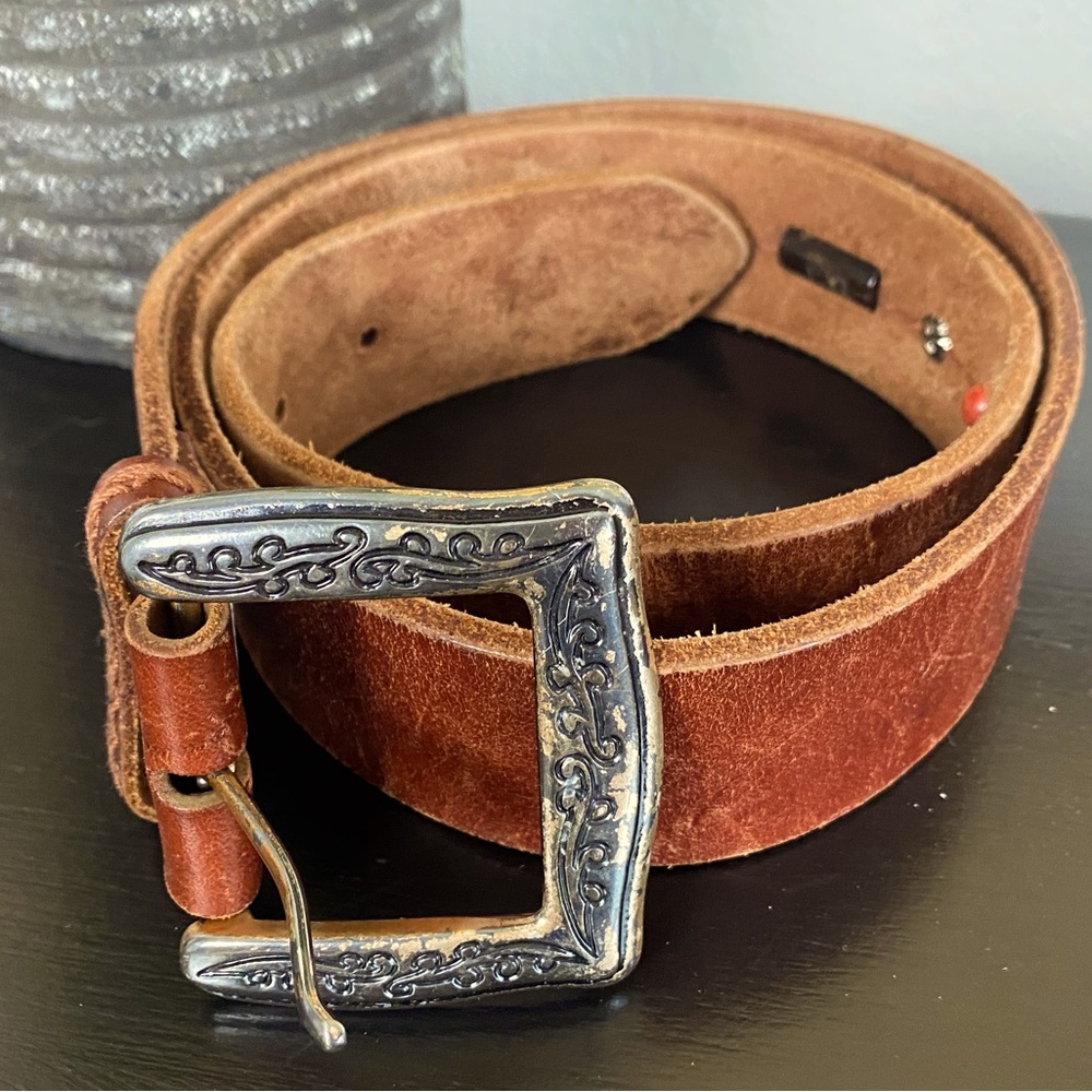 Fossil Womens Leather Inlay Beading Vintage Belt Large Siver Accent Hardware
